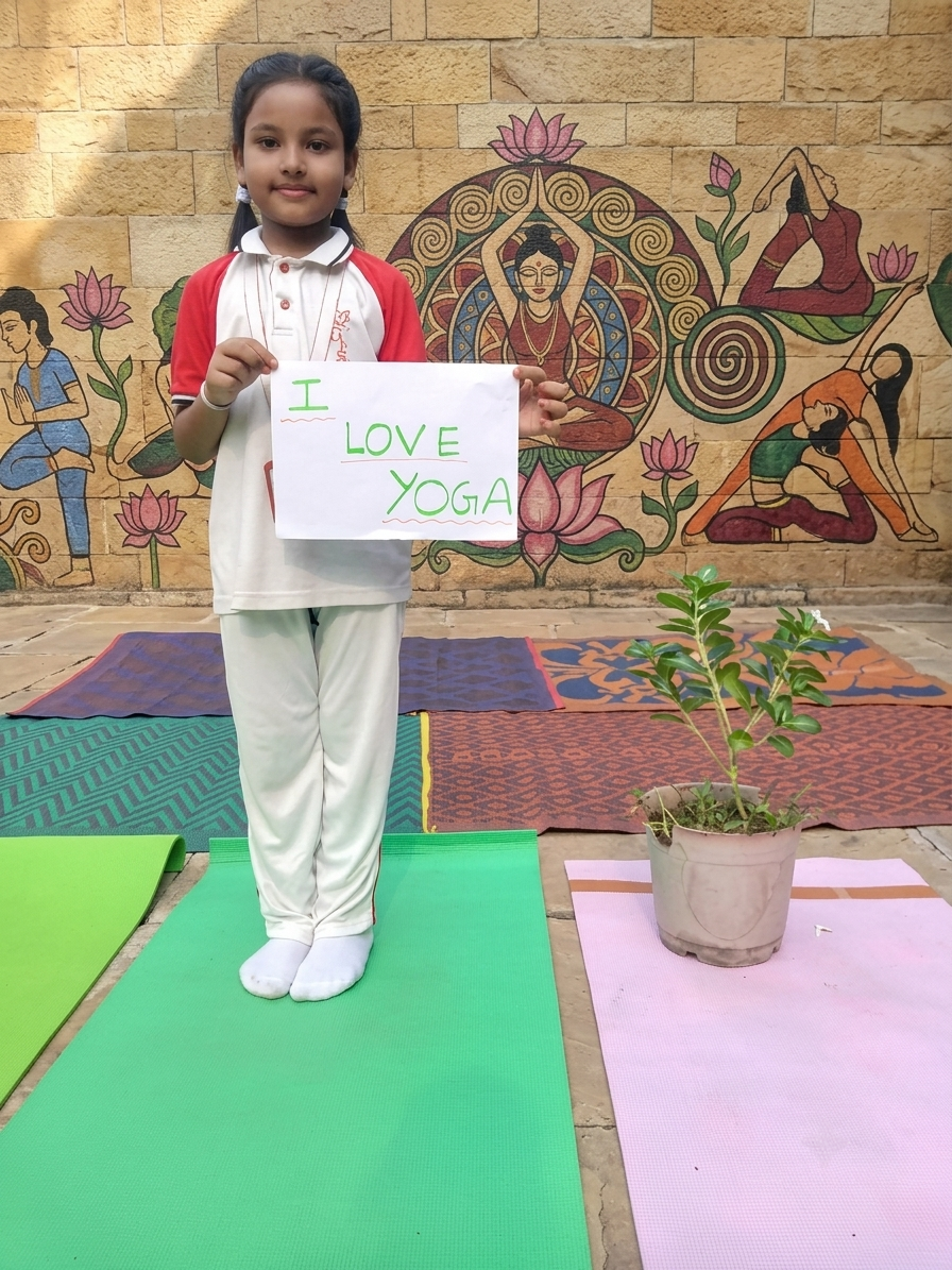 A student proudly displaying an 'I LOVE YOGA' poster promoting health and mindfulness