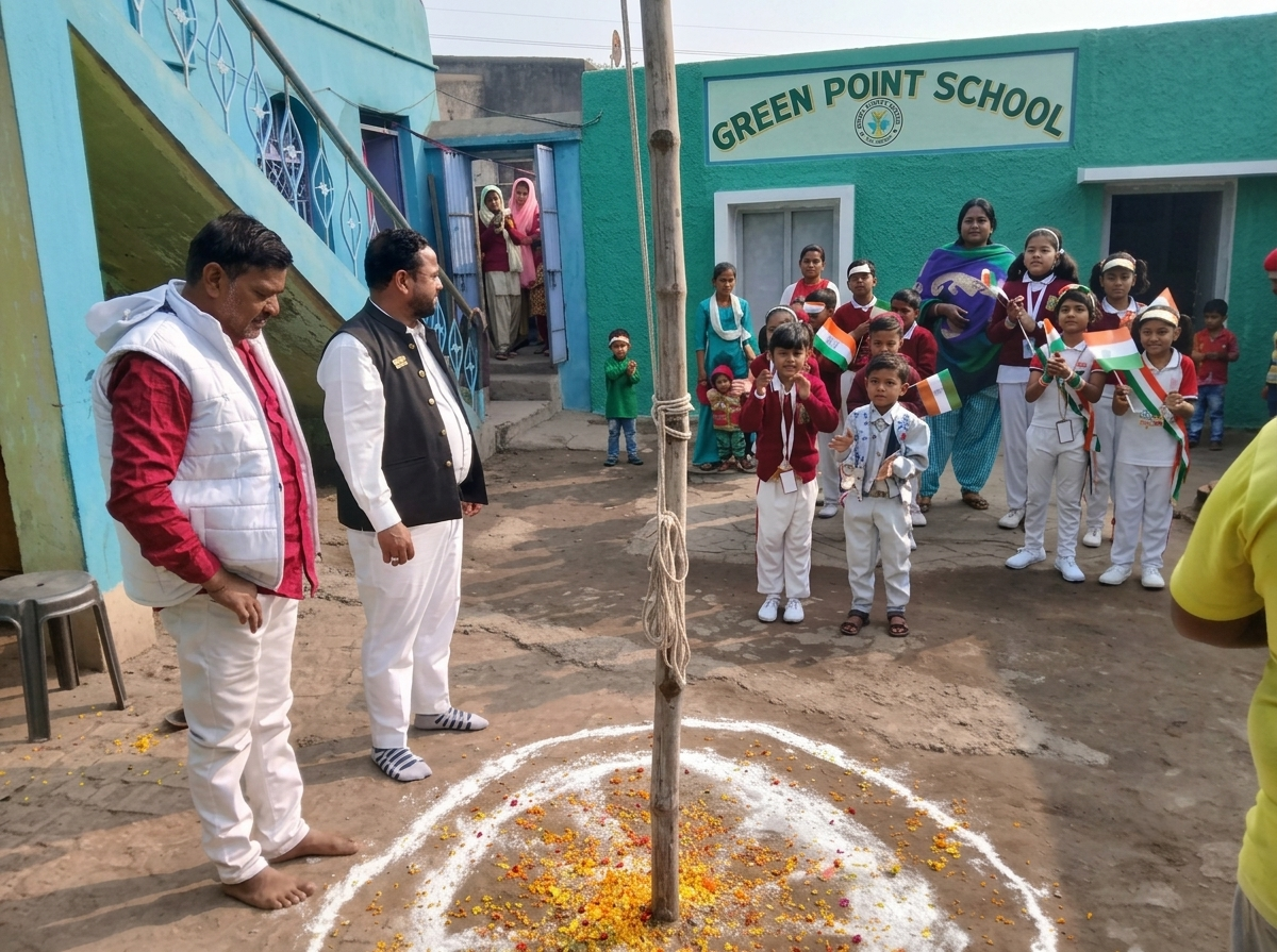 Flag hoisting ceremony in the school courtyard celebrating a national occasion