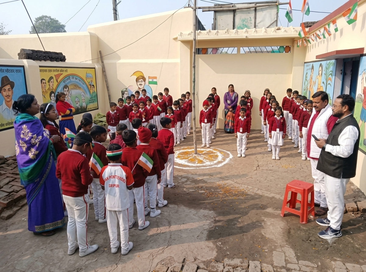 Students and teachers gathered in the school courtyard for a patriotic assembly
